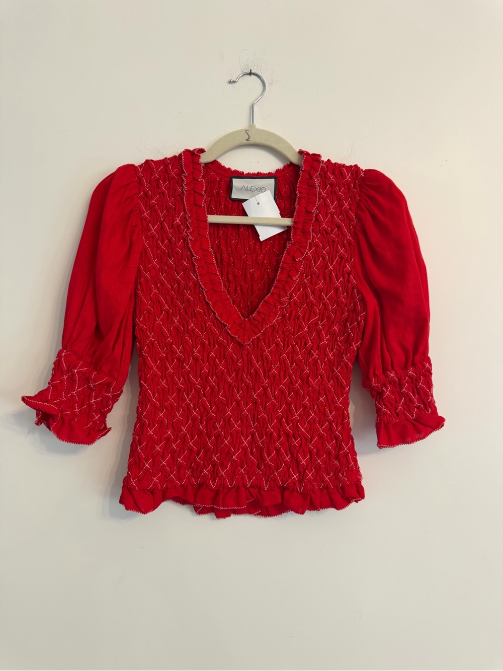 ALEXIS Red Smocked V-Neck Puff Sleeve Top size XS